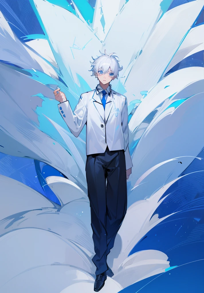 1male, city, white hair, blue accents, oversized jacket, blue eyes, starry eyes, oshi no ko eyes, star in eye