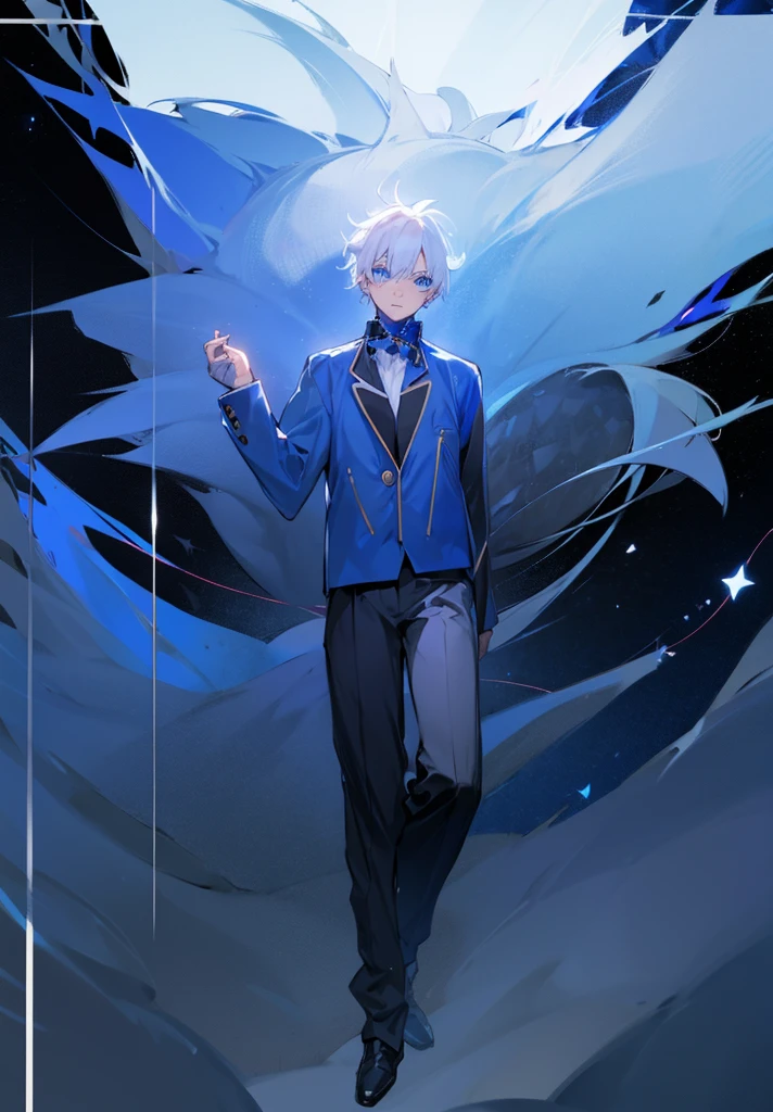 1male, city, white hair, blue accents, oversized jacket, blue eyes, starry eyes, oshi no ko eyes, star in eye