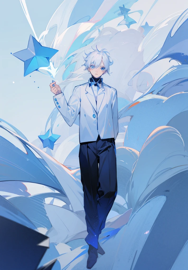 1male, city, white hair, blue accents, oversized jacket, blue eyes, starry eyes, oshi no ko eyes, star in eye