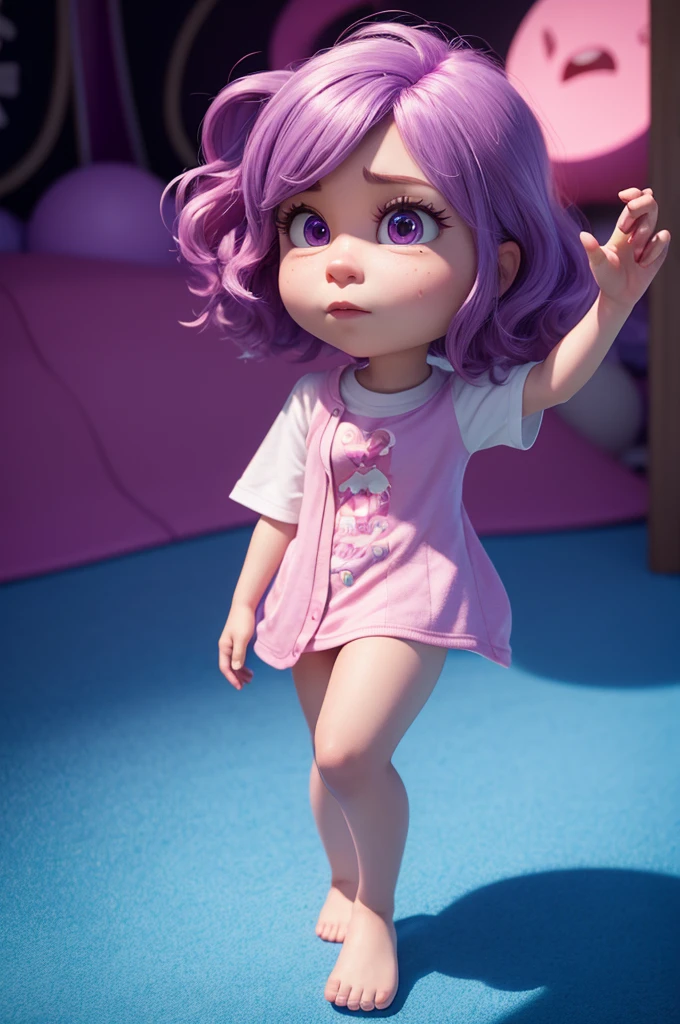 Create a 3D character in the Pixar style from the movie "Inside Out", she's pink, has purple wavy hair. She represents dedication. Be faithful to every detail.