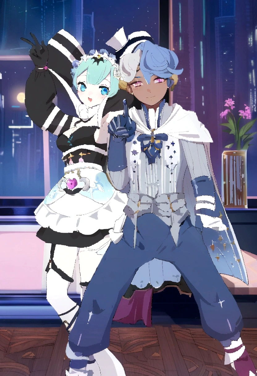 a couple of anime characters in a room with a window, ((wearing aristocrat robe)), nixeu and sakimichan, lunar themed attire, dapper dream demon, rococo cyberpunk, rem rezero, wearing fancy clothes, 2 d anime style, sakimichan and frank franzzeta, top rated on pixiv, wearing fantasy formal clothing