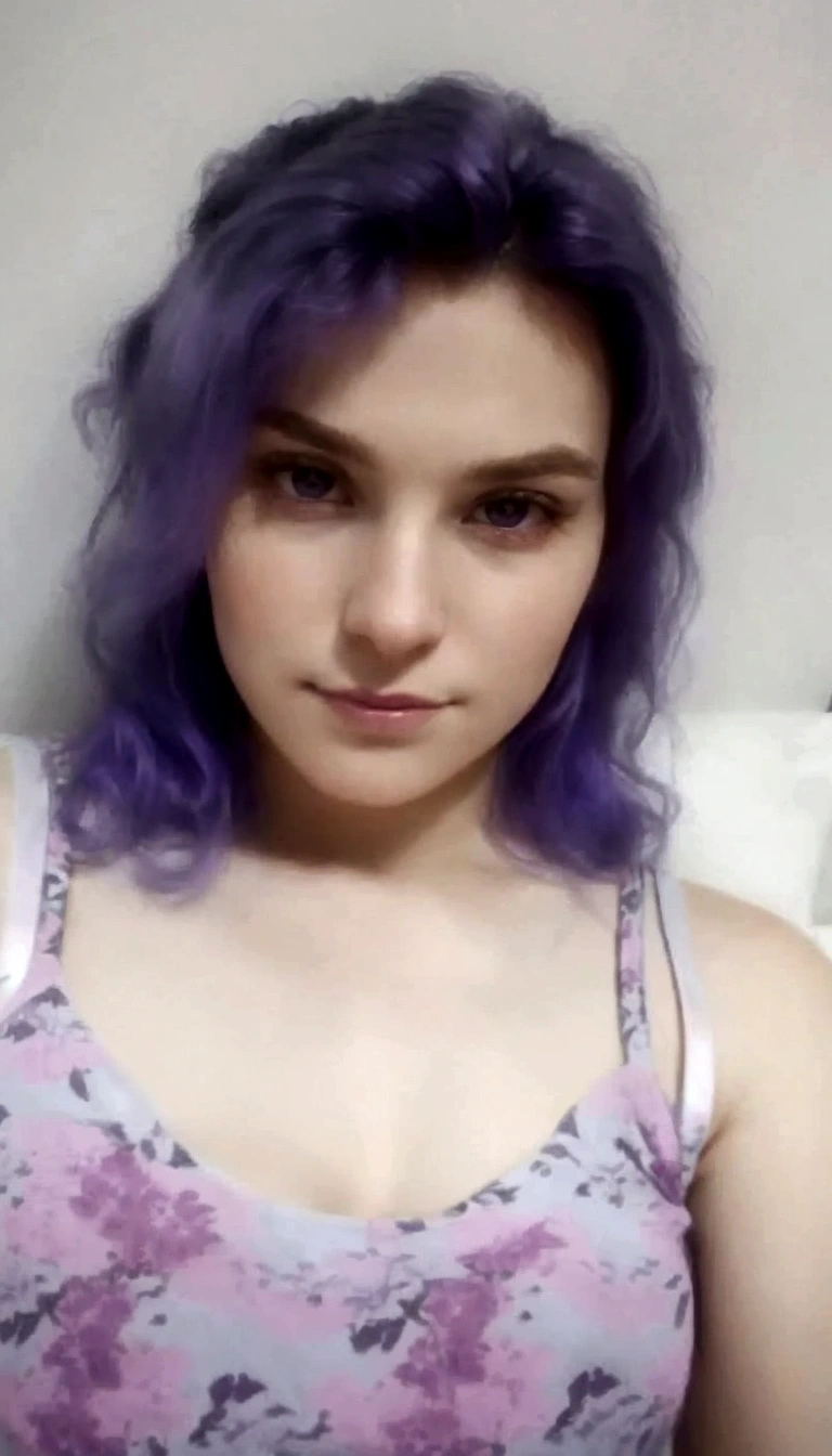 a close up of a woman with purple hair and a tank top, she has purple hair, 18 years old, about 19 years old, violet long hair, 22 years old, purple hair, 16 years, violet hair, anime, realism