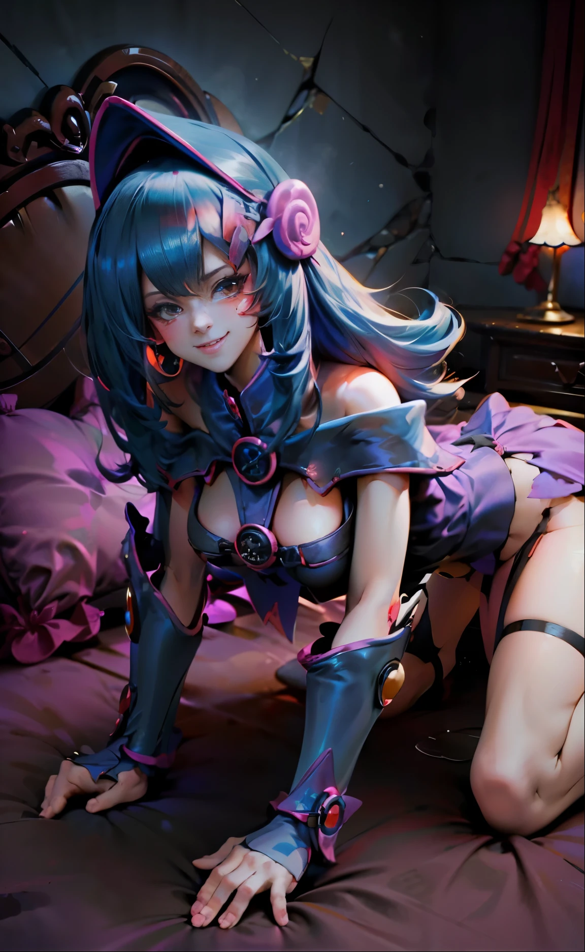 Beautiful dark magician gils on four. She is in position on all fours. Lying on pillows in the middle of the bedroom full of magic. His clothes are torn. Lottery. And the tits and the thong are seen. girl smile, provocative look. I have from outside. pose sexy 