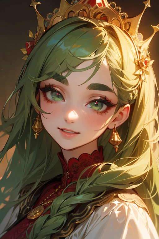 (Highest quality, masterpiece:1.2), High resolution, Very detailed, Realistic:1.37, Fantasy, An illustration, Green Eyes、Queen, Red lace dress.Platinum decoration、beautifully、Eyeshadow Red、Thick eyebrows、Long eyelashes、pupils are black、Her hair is dark green、Gold crown、Kissing Face、Embarrassing、Beloved by the crowd、Hair is green、Braiding、hair ornaments、laughing out loud、