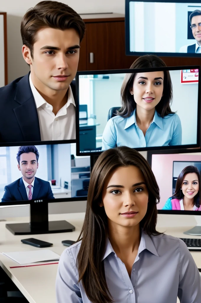 Young brunette man in an office on video call with a woman in cartoon