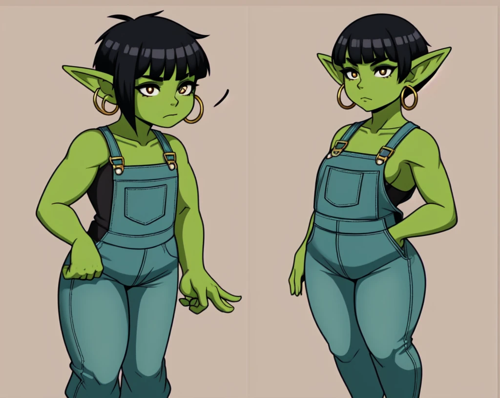 1 girl, small, goblin girl, female goblin, goblin, (green skin), ((large ears)), full body, (muscular) , jeans hot pants, (((short black hair))), (curvy), ((wide hips)), ((hoop earrings)), small breads, overalls, upper body
