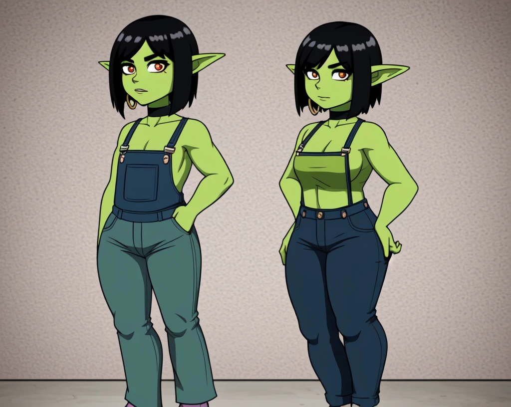 1 girl, small, goblin girl, female goblin, goblin, (green skin), ((large ears)), full body, (muscular) , jeans hot pants, (((short black hair))), (curvy), ((wide hips)), ((hoop earrings)), small breads, overalls, upper body
