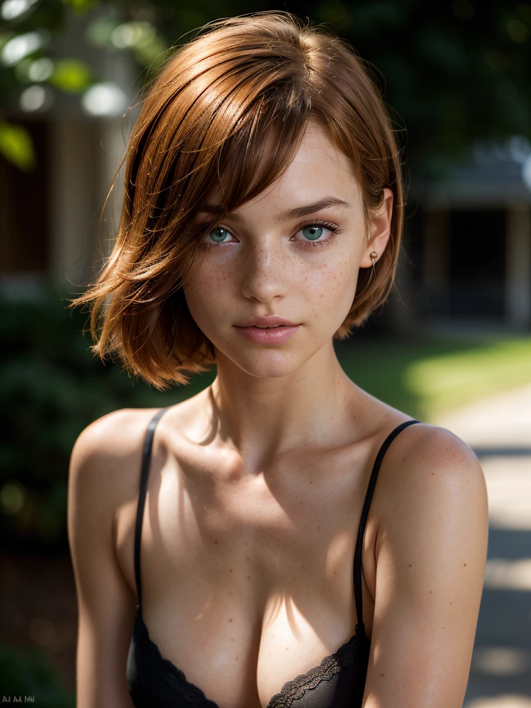 (best quality, masterpiece, highest detailed), (photorealistic:1.2), (detailed light:1.2), (Realistic skin texture:1.4), raw photo, close-up, portrait of a charming young girl, red hair, short haircut, freckles,  green eyes, slender body, black , deep neckline, push up, black , looking at the camera, simple black background, forelock on the chest, soft light passing through the hair