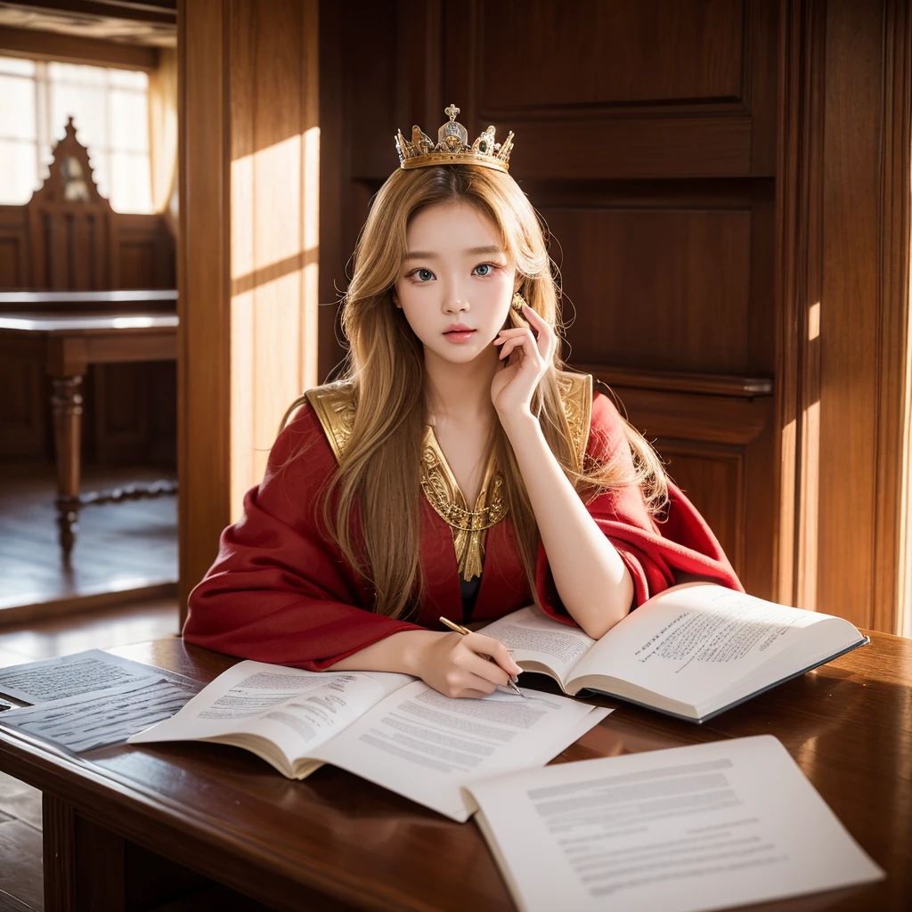 (Masterpiece: 1.2, Best Quality), Realistic, (Realistic Picture, Complex Details, Depth of Field), Best Quality, Masterpiece, Highly Detailed, Semi Realistic, 1 Girl, Mature Female, 21 Years Old, Blond Hair, Shoulder length Short Hair, Left Eye Covered with Hair, Blue Eyes, King's Clothes, Red Cloak, Slim Figure, Crown Made of Precious Gold, Reading Documents, Marking Documents, Goose Hair Pen, Office Table, Soft Bench, Palace, In the palace, during the Middle Ages, Wonyoung from IVE, Wonyoung, Jang wonyoung