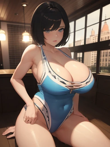 (1girl:1.3), Masterpiece, Best quality, amazing beauty, 4K, absurdres, finely detail, super detailed eye, perfect , official art, cinematic lighting, BREAK, coffee shop, silky short hair, black hair, super shiny detailed blue eyes, mascara, embarrassed, BREAK , huge breasts, corpulent, detailed skin, , BREAK , (competition swimsuit:1.2), BREAK,()