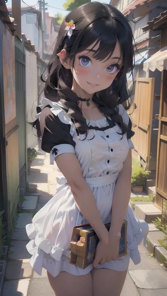 NFSW, Beautiful detailed portrait of a girl with big eyes, Fuller lips, Smiling Kindly, Long eyelashes,  Wearing a frilly maid outfit of random colors, tihn fabric clothing, In sensual poses, (highest quality,4K,8k,High resolution,masterpiece:1.2),Super detailed,(Realistic,photoRealistic,photo-Realistic:1.37),Highly detailed face, Maid clothes, Intricate details, Vibrant colors, Dramatic lighting, Structure of the film, Anime-inspired art style, Many moles on chest