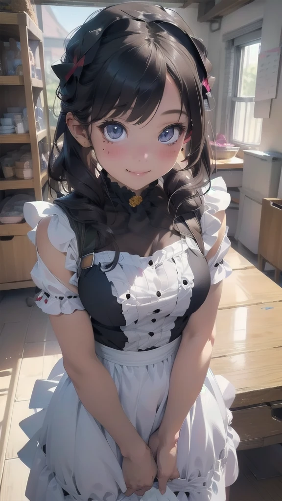 NFSW, Beautiful detailed portrait of a girl with big eyes, Fuller lips, Smiling Kindly, Long eyelashes, Wearing a frilly maid outfit of random colors, tihn fabric clothing, In sensual poses, (highest quality,4K,8k,High resolution,masterpiece:1.2),Super detailed,(Realistic,photoRealistic,photo-Realistic:1.37),Highly detailed face, Maid clothes, Intricate details, Vibrant colors, Dramatic lighting, Structure of the film, Anime-inspired art style, Many moles on chest
