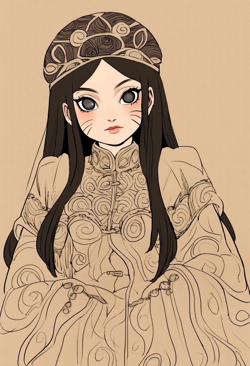 Naruto manga eslito, a girl with long hair with black bangs black eyes, mamga naruto drawing, focus on the eyes/muka, 12 year old girl, outfit similar to hinata's in the last