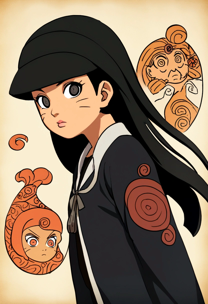 Naruto manga eslito, a girl with long hair with black bangs black eyes, mamga naruto drawing, focus on the eyes/muka, 12 year old girl, outfit similar to hinata's in the last