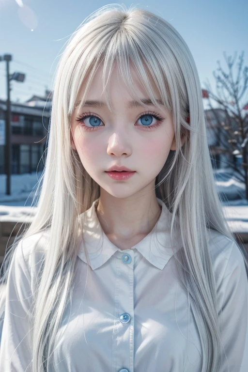 Cute anime girl with crystal blue eyes, long straight snow white hair, white skin with korean , seoul school background 