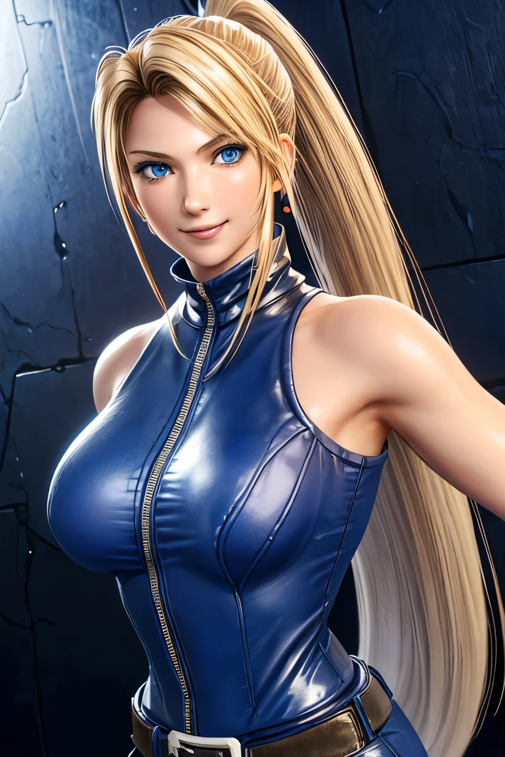 Sarah, blue eyes, angle view, (skinny girl:1.4), ((long ponytail:1.3)), (free flowing hair:1.6), cowboy shot, blonde hair, long hair, (long side burns:1.4), bodysuit fully zipped), Shoulders exposed, (arms exposed:1.0), (very detailed skin:1.5), (tight blue bodysuit:1.1), belt ,sleeveless, (fully closed zipper), earrings, fingerless short gloves, BREAK masterpiece, 1 girl, RAW photo, (best quality:1.2), extremely delicate beautiful, very detailed, 2k wallpaper, amazing, fine details, (medium covered breasts:1.4), extremely detailed CG Unity 8k wallpaper, super detailed, high resolution, (beautiful detailed girl:1.4), perfect anatomy, wide cheeks, (shiny clothes:1.1), (smile:1.2), (upper body:1.3), (Realistic, Photorealistic:1.0), (thin nose:1.2), (breast focus:1.3), 20 year old, high nose bridge, (blue clothes:1.2), fighting pose, fighting arena, armpit against wall, wide face, (wide smile:1.3), closed mouth