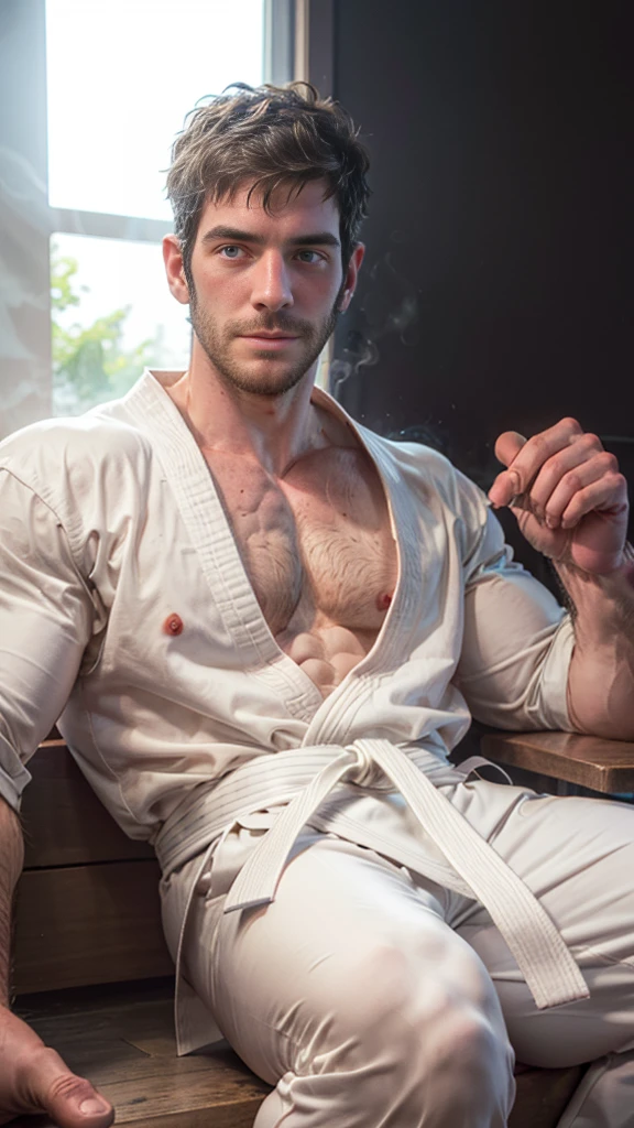 Masterpiece, denoise, void noise, one man, best quality, 8k resolution, male focus, focus only, amazing composition, volumetric lighting, super quality, elegant, Very detailed, front view, facing viewer, -----------, 35 years old, mature face, muscular, Caucasian, (((white skin, pale skin))), handsome, (detailed light-blue eyes), ((light blonde hair, messy medium hairstyle)), big ears, (hairy pectorals, thick plenty  and body hair), (medium long beard), (((((Jim Sturgess mixed with Russell Tovey))))), (((big ,  ))), ------------, (((detailed white karate trousers))), (((white karate top))), (((karate black belt))), ((sitting on the floor, )), (((close-up))), (((shy)))