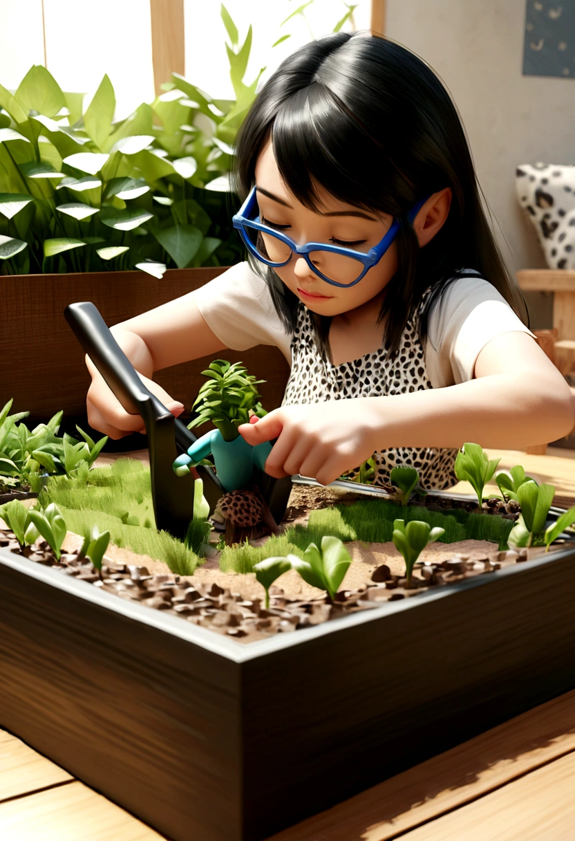 create adult woman with light brown skin long straight black hair wearing square glasses brown and white leopard dress and black slippers practicing gardening creative style pixar disney 3d realistic drawing 