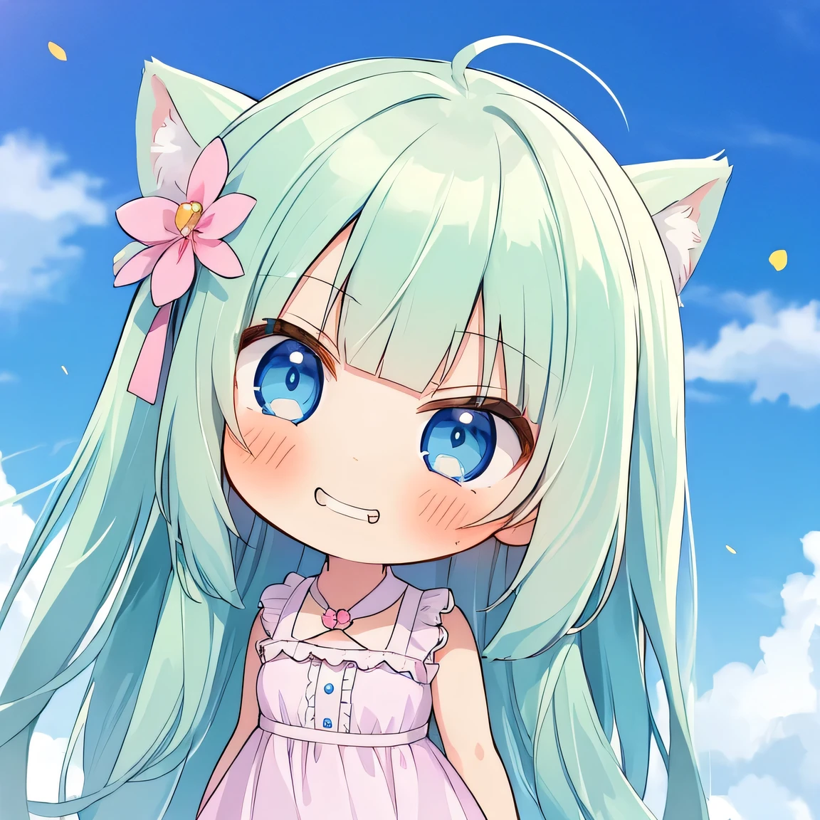 ((masterpiece)), ((best quality)), (ultra-detailed), ((kawaii)), cute, (lovely), illustration, anime style, face focus, (chibi:1.4), a cute girl, solo, 1girl, blue eyes, (smug face:1.4), age15, slim, slender, medium breast, white sundress, (beautiful eyes), beautiful pale green hair, long hair, two side up, ((blunt bangs)), blue eyes, kouhai.
