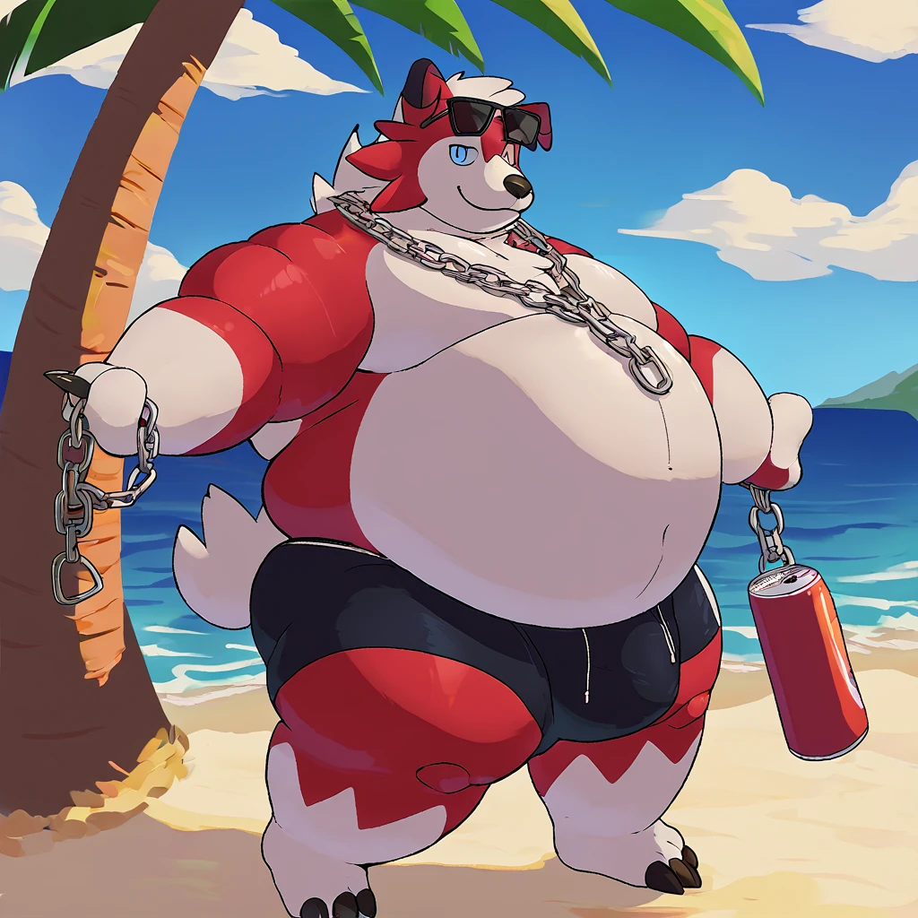 score_9_up, solo, male Lycanroc, anthro, male, pokemon, pokemon \(species\), generation 1 pokemon, sunglasses on head, chain necklace, chain cuffs, shirtless, swim shorts, grinning, holding soda can, beach, inflated arms, inflated legs, body inflation