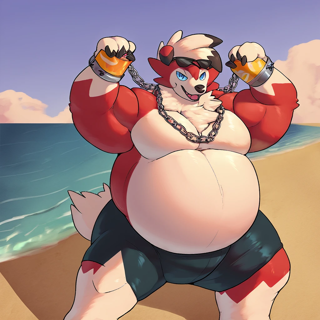 score_9_up, solo, male Lycanroc, anthro, male, pokemon, pokemon \(species\), generation 1 pokemon, sunglasses on head, chain necklace, chain cuffs, shirtless, swim shorts, grinning, holding soda can, beach, inflated arms, inflated legs, body inflation