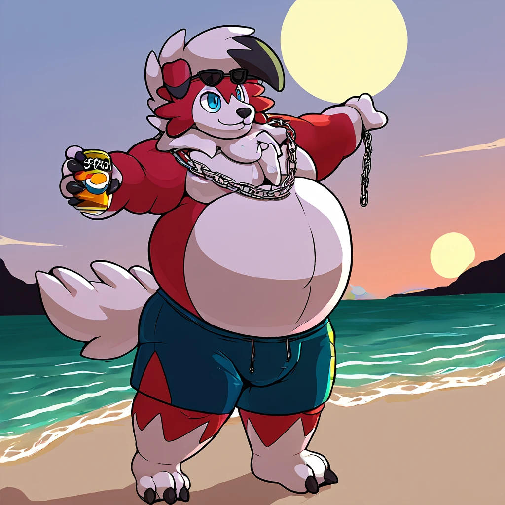 score_9_up, solo, male Lycanroc, anthro, male, pokemon, pokemon \(species\), generation 1 pokemon, sunglasses on head, chain necklace, chain cuffs, shirtless, swim shorts, grinning, holding soda can, beach, inflated arms, inflated legs, body inflation