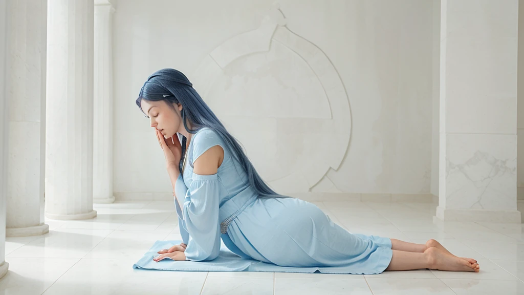 A woman with long VERY blue hair, in a meditation position with her eyes closed and her hands in a prayer position. She is wearing a light blue dress. The image should be a full-body shot in a meditation position, very realistic, in an all-white temple with a white floor, white stone walls, white ceiling, and white columns