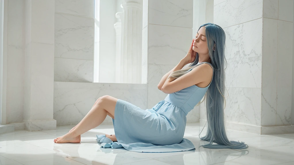 A woman with long VERY blue hair, in a meditation position with her eyes closed and her hands in a prayer position. She is wearing a light blue dress. The image should be a full-body shot in a meditation position, very realistic, in an all-white temple with a white floor, white stone walls, white ceiling, and white columns