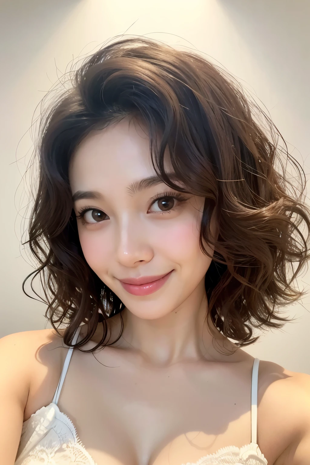 (Highest quality、Tabletop、8K、Best image quality、Award-winning works)、One woman、Medium Curly Hair、Plump face、(Selfie:1.1)、[Large Breasts]、Gentle expression、smile、Closed lips、(Nightwear:1.1)、No makeup、(The simplest cream colored wall background:1.3)、Close-up of face、Accurate ???????、(Bright and glowing skin:1.2)、Front facing body