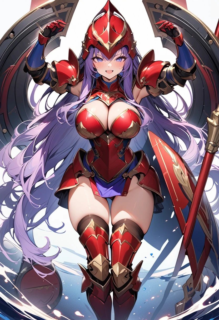 (masterpiece:1.2), (highest quality:1.2), 1girl, solo, purple-hair, long-hair, shield, breasts, weapon, armor, cleavage, large-breasts, polearm, helmet, open-mouth, smile, boots, purple-eyes, gauntlets, very-long-hair, thighhighs, blue-eyes, full-body, red-armor, looking-at-viewer, blush, thigh-boots, simple-background, armored-boots,