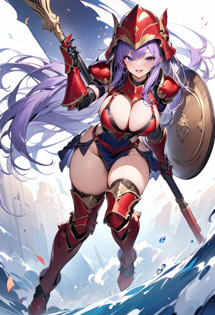 (masterpiece:1.2), (highest quality:1.2), 1girl, solo, purple-hair, long-hair, shield, breasts, weapon, armor, cleavage, large-breasts, polearm, helmet, open-mouth, smile, boots, purple-eyes, gauntlets, very-long-hair, thighhighs, blue-eyes, full-body, red-armor, looking-at-viewer, blush, thigh-boots, simple-background, armored-boots,
