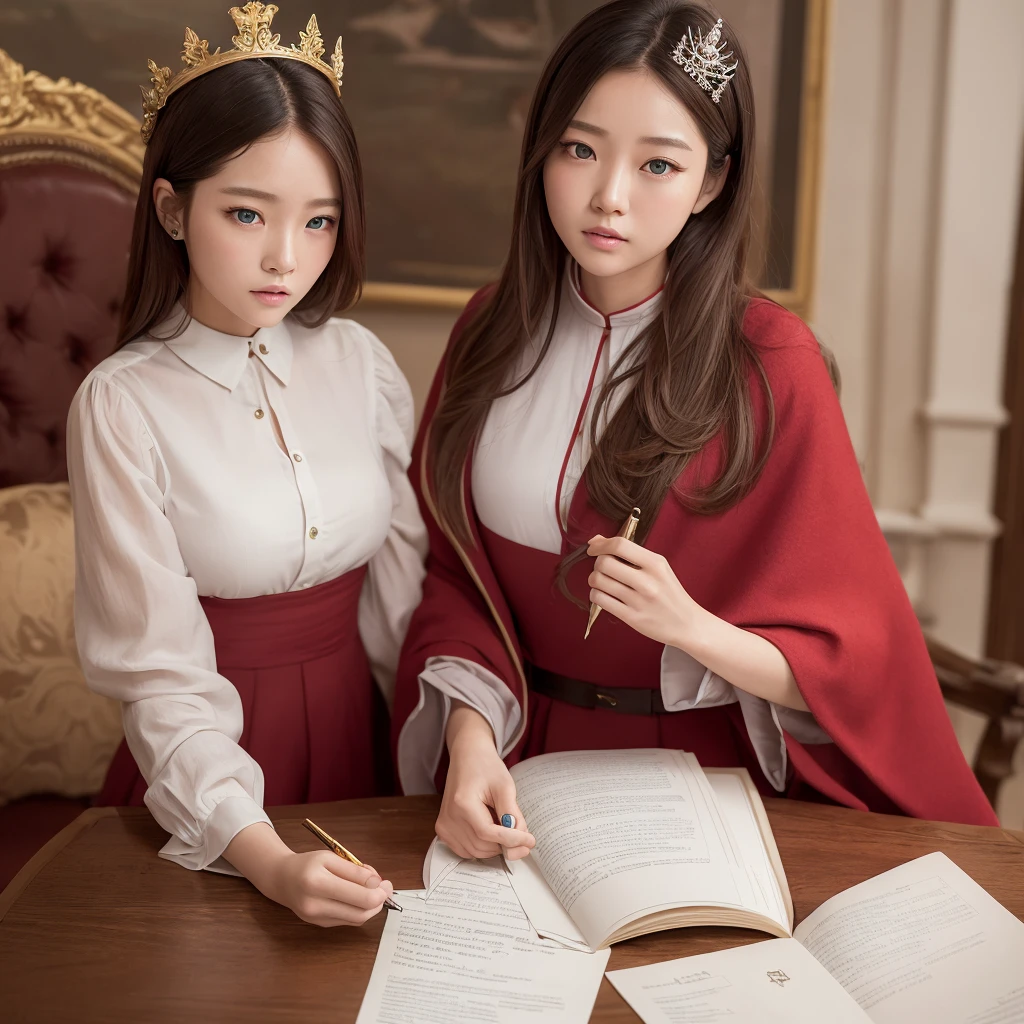 (Masterpiece: 1.2, Best Quality), Realistic, (Realistic Picture, Complex Details, Depth of Field), Best Quality, Masterpiece, Highly Detailed, Semi Realistic, 1 Girl, Mature Female, 21 Years Old, Blond Hair, Shoulder length Short Hair, Left Eye Covered with Hair, Blue Eyes, King's Clothes, Red Cloak, Slim Figure, Crown Made of Precious Gold, Reading Documents, Marking Documents, Goose Hair Pen, Office Table, Soft Bench, Palace, In the palace, during the Middle Ages, Wonyoung from IVE, Wonyoung, Jang wonyoung