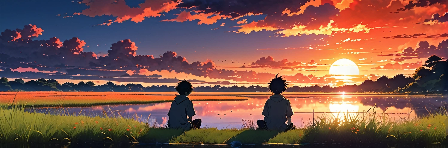 Anime scene of a boy sitting by a small grassy lake, Sunset with orange and red hellish clouds, anime nature wallpapers, Beautiful anime scene, Beautiful anime peace scenes, Makoto Shinkai Cyril Rolland, Beautiful anime scene, Awesome Wallpapers, Anime Art Wallpapers 8K, Anime Background, art Anime Background, Anime 4K Wallpapers, Anime Art 4K Wallpaper, Anime Art 4K Wallpaper,