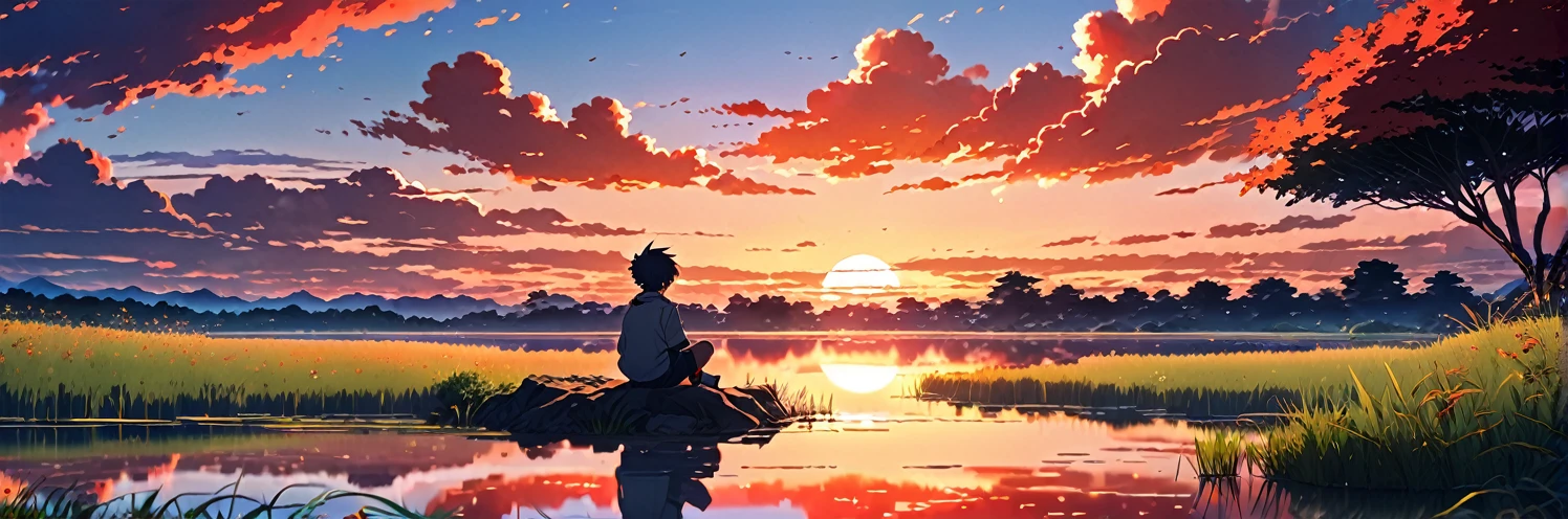 Anime scene of a boy sitting by a small grassy lake, Sunset with orange and red hellish clouds, anime nature wallpapers, Beautiful anime scene, Beautiful anime peace scenes, Makoto Shinkai Cyril Rolland, Beautiful anime scene, Awesome Wallpapers, Anime Art Wallpapers 8K, Anime Background, art Anime Background, Anime 4K Wallpapers, Anime Art 4K Wallpaper, Anime Art 4K Wallpaper,