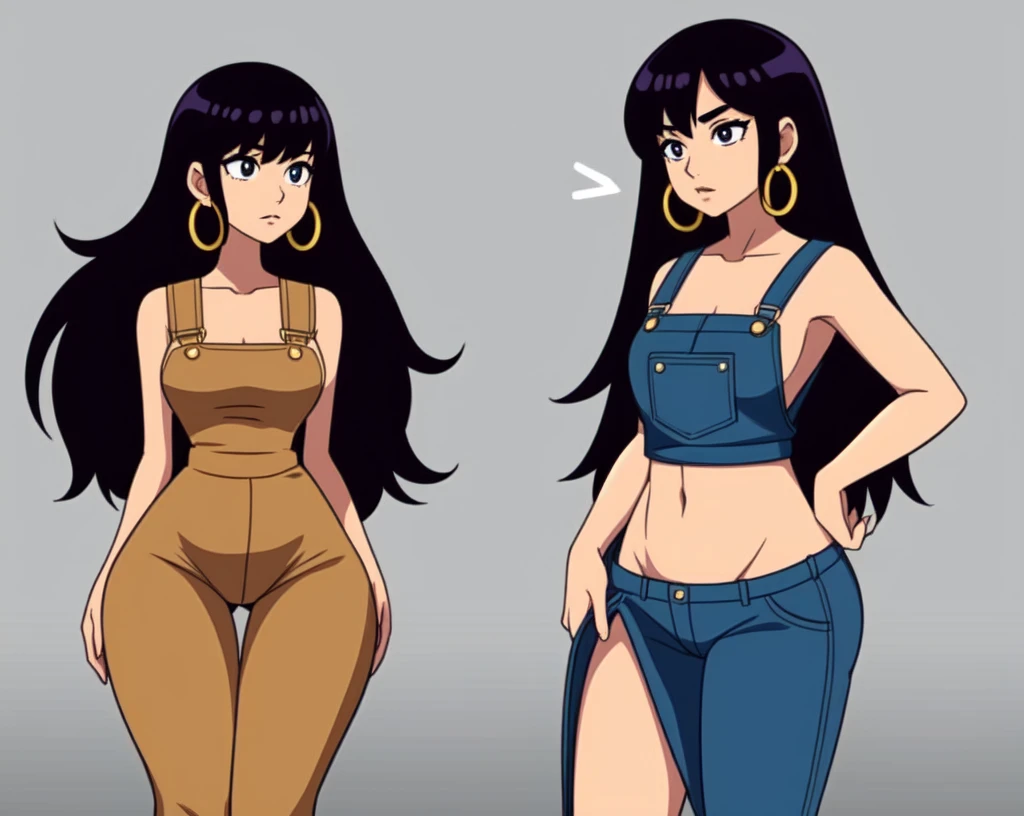 1 girl, small, (((long hair))), (curvy), ((wide hips)), ((hoop earrings)), small breads, sexy overalls