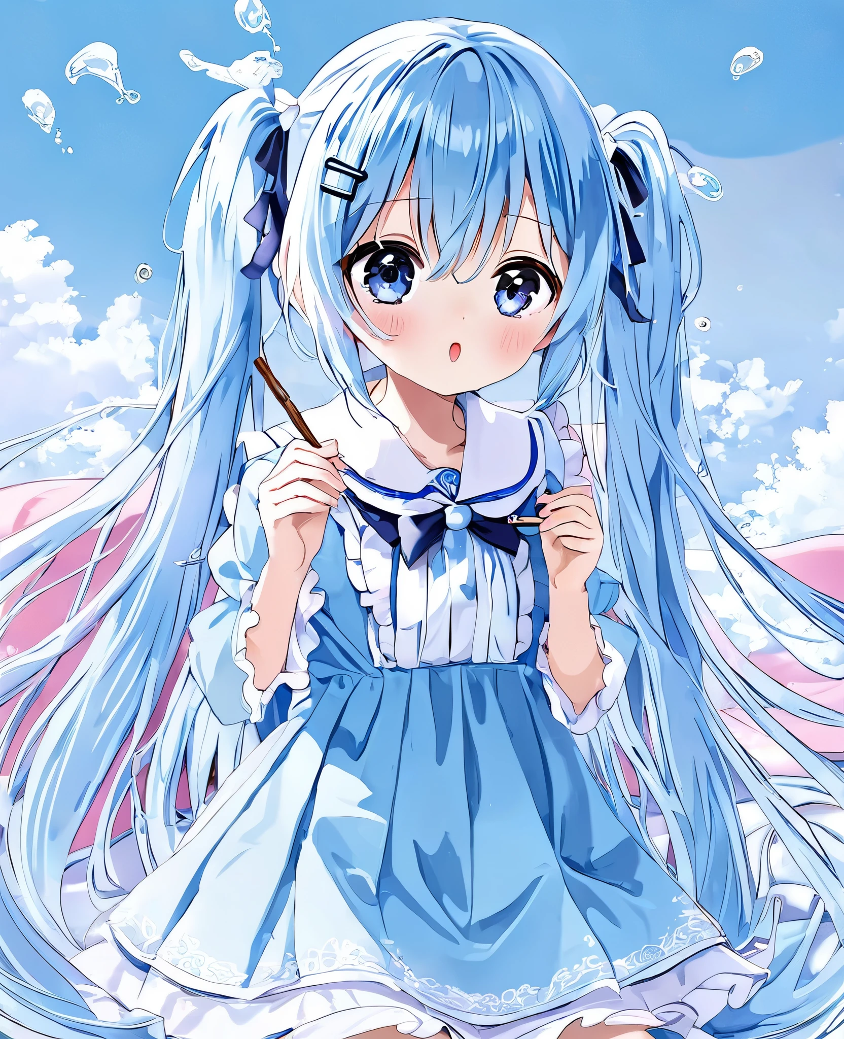 Light blue long hair、Twin-tailed Girl, black eye、Cute girl anime visuals, Anime Moe Art Style, Splash Art Anime Loli、2D Anime Style, Eating Pocky、Thin stick snacks、Cute Lolita Costume