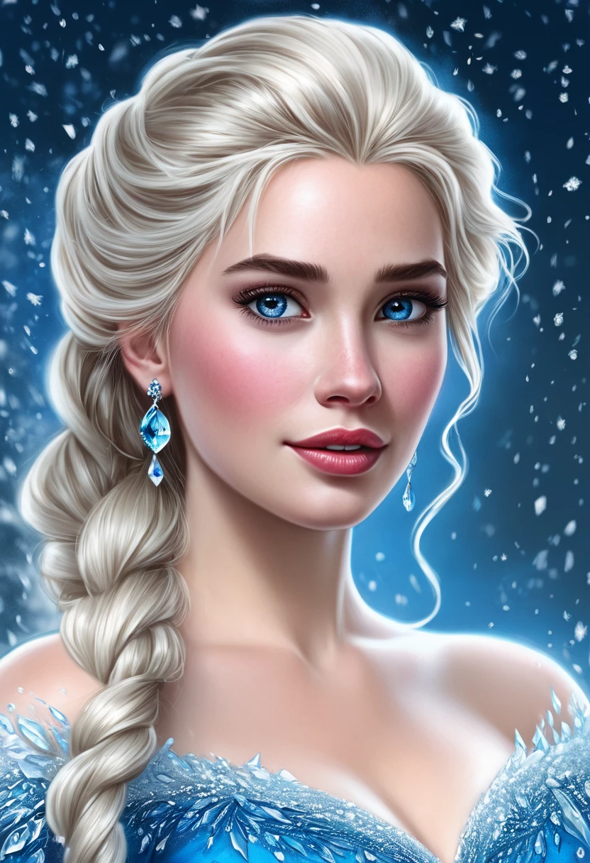 a closeup of a woman in a blue dress and long hair, beautiful elsa, Extremely detailed artistic germ, hyperrealistic fantasy art, beautiful character painting, queen of ice and storm, ice queen, Realistic fantasy artwork., Amazing fantasy art, High quality 8K detailed art, frozen elsa, portrait of elsa of arendelle, as seen on artgerm