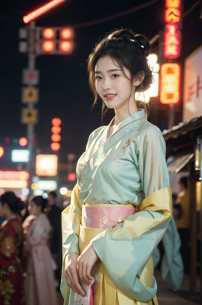 (((best quality))),(((ultra detailed))),(((masterpiece))),illustration,1girl,bun hair,see through gauze hanbok,slim,flat chest,laughing, summer night,Korean city scape, street, neon signs, beautiful, vibrant, detailed facial features,medium hair, elegance, cultural atmosphere, bustling city, colorful advertisements, reflections, lively atmosphere, street food aroma