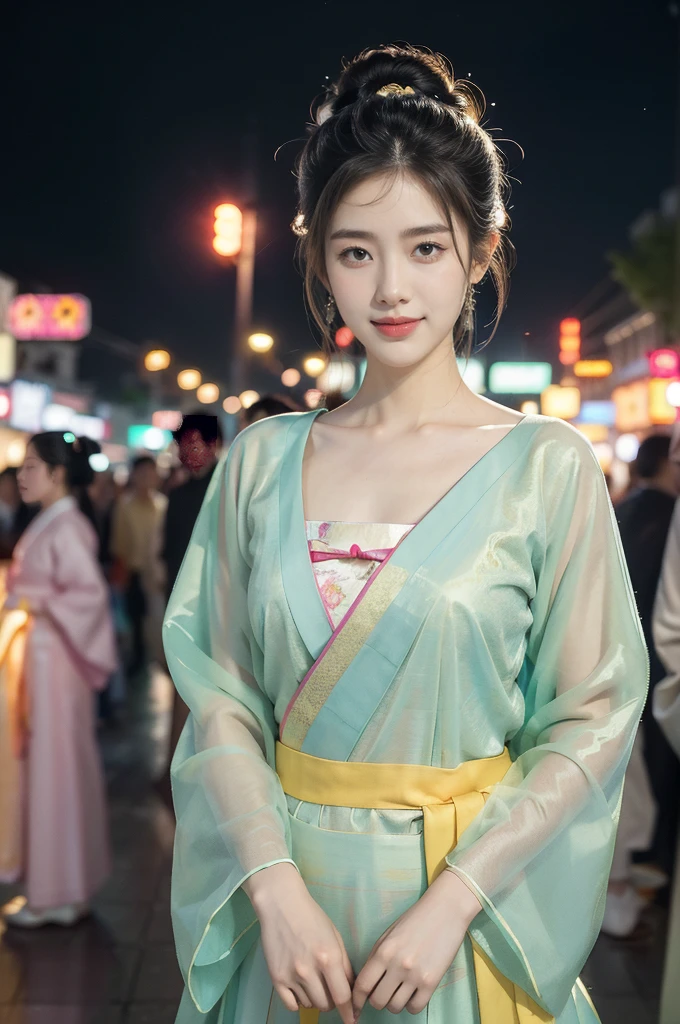 (((best quality))),(((ultra detailed))),(((masterpiece))),illustration,1girl,bun hair,see through gauze hanbok,slim,flat chest,laughing, summer ht,Korean city scape, street, neon signs, beautiful, vibrant, detailed facatures,medium hair, elegance, cultural atmosphere, bustling city, colorful advertisements, reflections, lively atmosphere, street food aroma