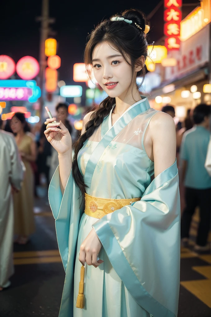 (((best quality))),(((ultra detailed))),(((masterpiece))),illustration,1girl,bun hair,see through gauze hanbok,slim,flat chest,laughing, summer night,Korean city scape, street, neon signs, beautiful, vibrant, detailed facial features,medium hair, elegance, cultural atmosphere, bustling city, colorful advertisements, reflections, lively atmosphere, street food aroma