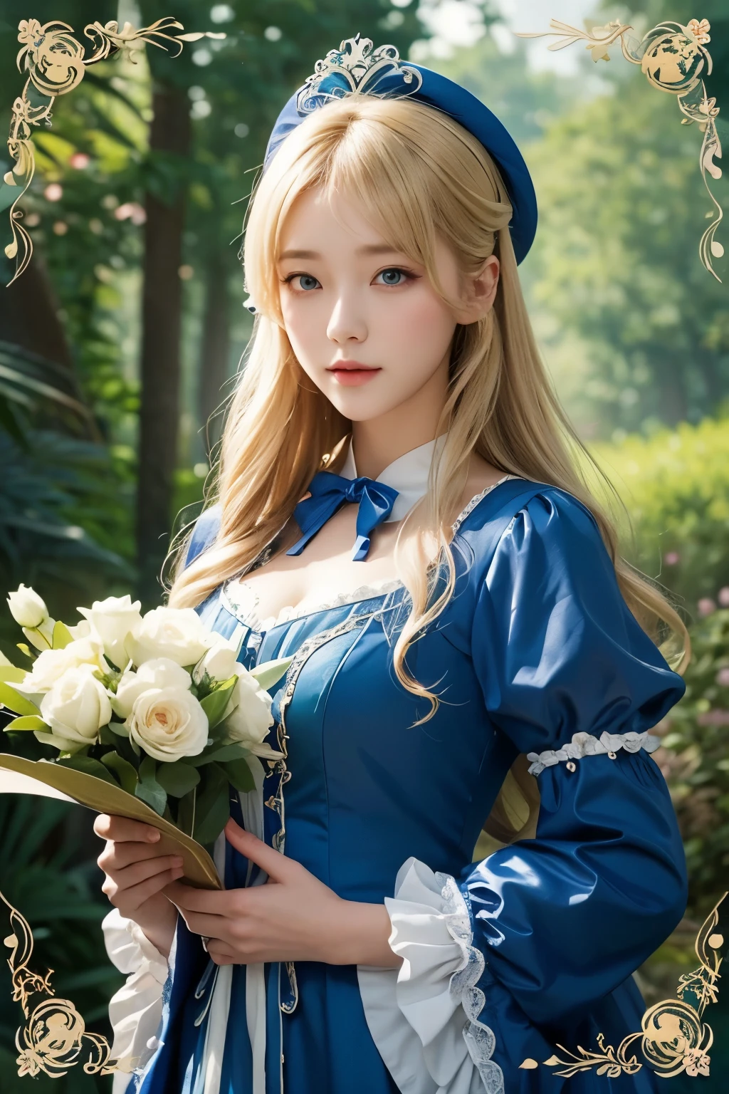Blonde girl wearing blue dress and hat holding flowers, Korean Art Nouveau Animation, light novel cover art, Maid of the Enchanted Forest, Rococo Queen (Rococo Queen), sleeve cover art, Animation Key Visual Elegant, Portrait of the magical ta girl,