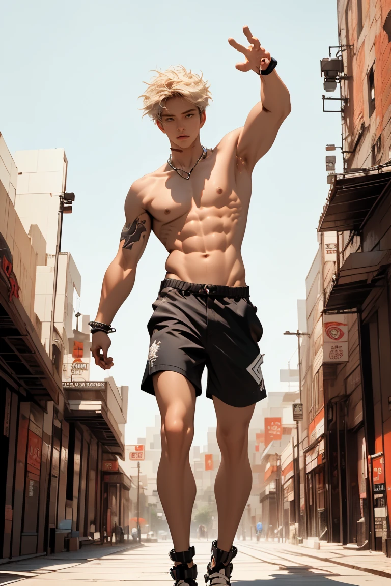 Ultra-realistic CG K ,((premium、8k、32k、Masterpiece、NFFSW:1.3)), (superfine illustration)、(super high resolution), (((adult body))), (((1 young man masculine features:1.5))), ((( modern short hair))), 25 year old cyberpunk gladiator with perfect body, Shoulder pads with metal spikes., Gladiadores in Brooklyn, (( short hair bob )), Torn rugby team t-shirt, wild urban style by Simon Bisley, short blonde hair, sportswear, Metallic protection on the left arm with complex graphics....., Dark red with white stars and blue and white stripes.,(( dynamic pose:1.5)), armor, Full of spikes and rivets., poison tattoo (((Image from the knee up))), short white blonde hair, In the background、 There is a wall with an intricate design painted by Shepard Fairey.....