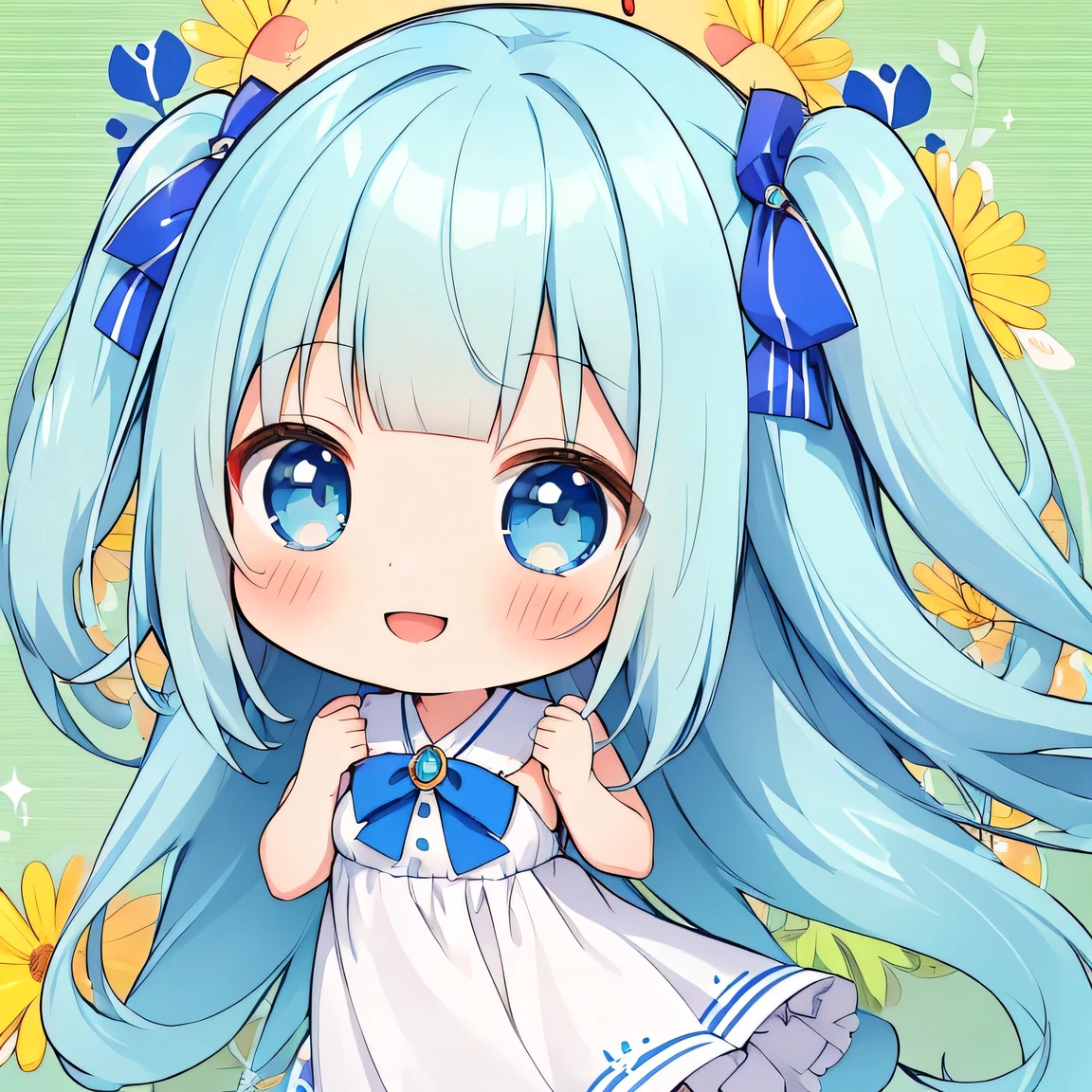 ((masterpiece)), ((best quality)), (ultra-detailed), ((kawaii)), cute, (lovely), illustration, anime style, face focus, (chibi:1.4), a cute girl, solo, 1girl, blue eyes, (smile:1.5), age15, slim, slender, medium breast, white sundress, (beautiful eyes), beautiful pale green hair, long hair, two side up, ((blunt bangs)), blue eyes, kouhai.