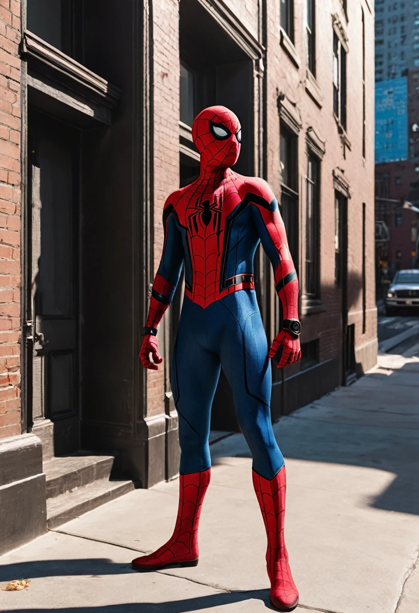 Make Spider-Man holding on to a building while seeing the entire city with shadows and good detail
