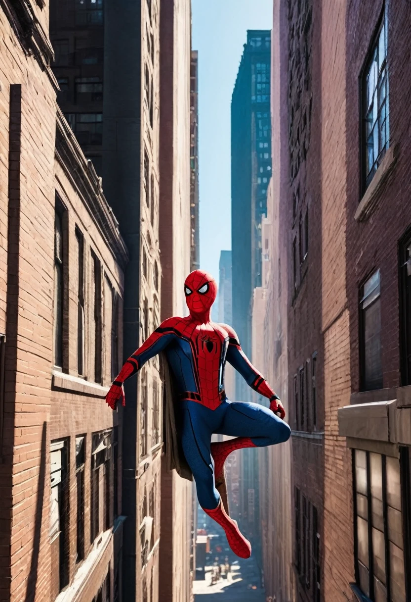 Make Spider-Man holding on to a building while seeing the entire city with shadows and good detail