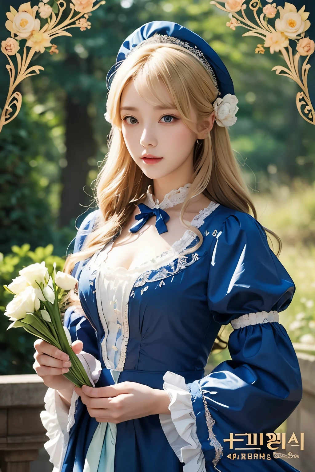 Blonde girl wearing blue dress and hat holding flowers, Korean Art Nouveau Animation, light novel cover art, Maid of the Enchanted Forest, Rococo Queen (Rococo Queen), sleeve cover art, Animation Key Visual Elegant, Portrait of the magical Lolita girl,