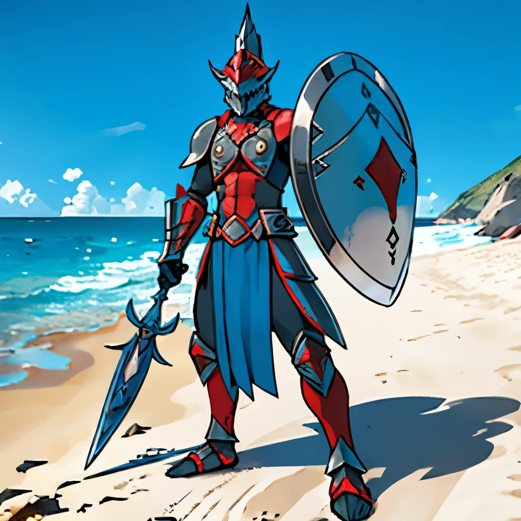 Warrior with huge shield and spear，Shark motif，full body armored，45 yers old，Full body photo，A Beach 