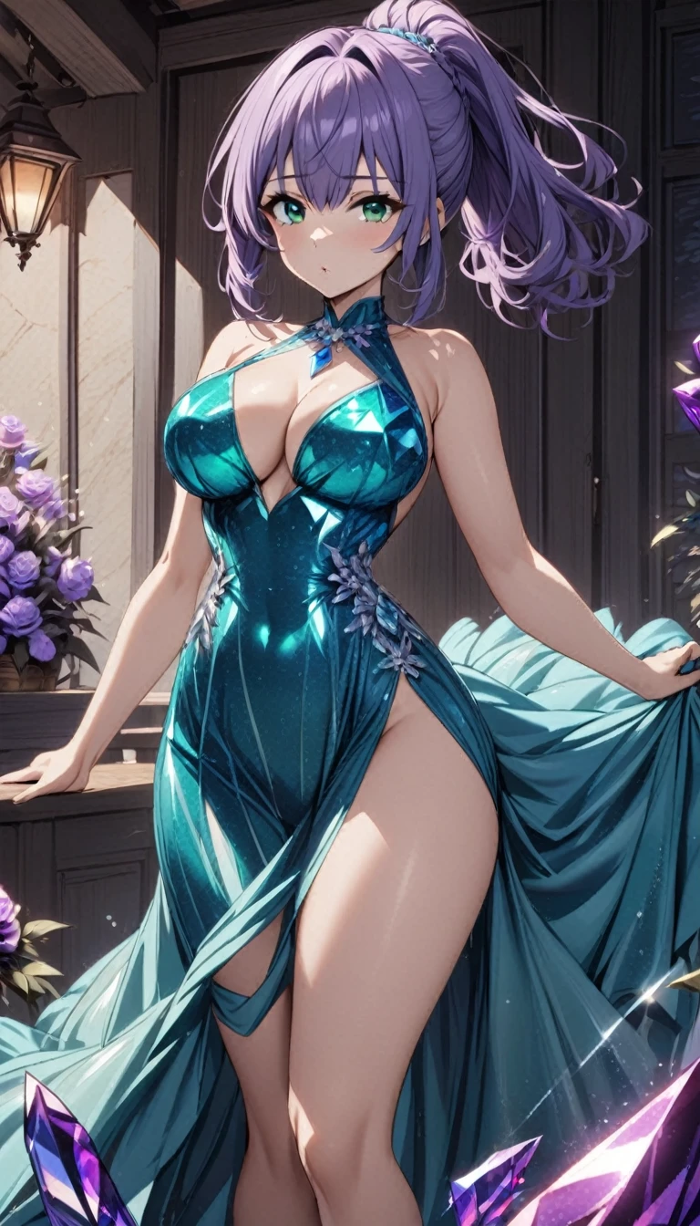 1girl,purple ponytail hair,green eyes,large breasts,aquamarine crystalline dress,cowboy shot,