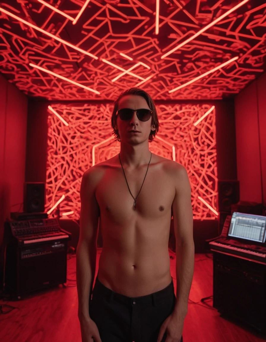 The young man is standing in the center of a music studio, modern room illuminated by intense red and white neon lights forming geometric patterns on the ceiling. He has long, brown hair tied back in a neat man bun, and he sports dark sunglasses that add to his cool, enigmatic demeanor. He is naked