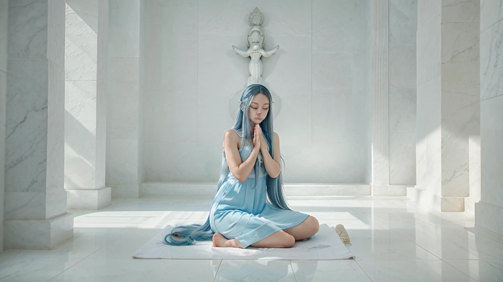 A woman with long VERY blue hair, in a meditation position with her eyes closed and her hands in a prayer position. She is wearing a light blue dress. The image should be a full-body shot in a meditation position, very realistic, in an all-white temple with a white floor, white stone walls, white ceiling, and white columns